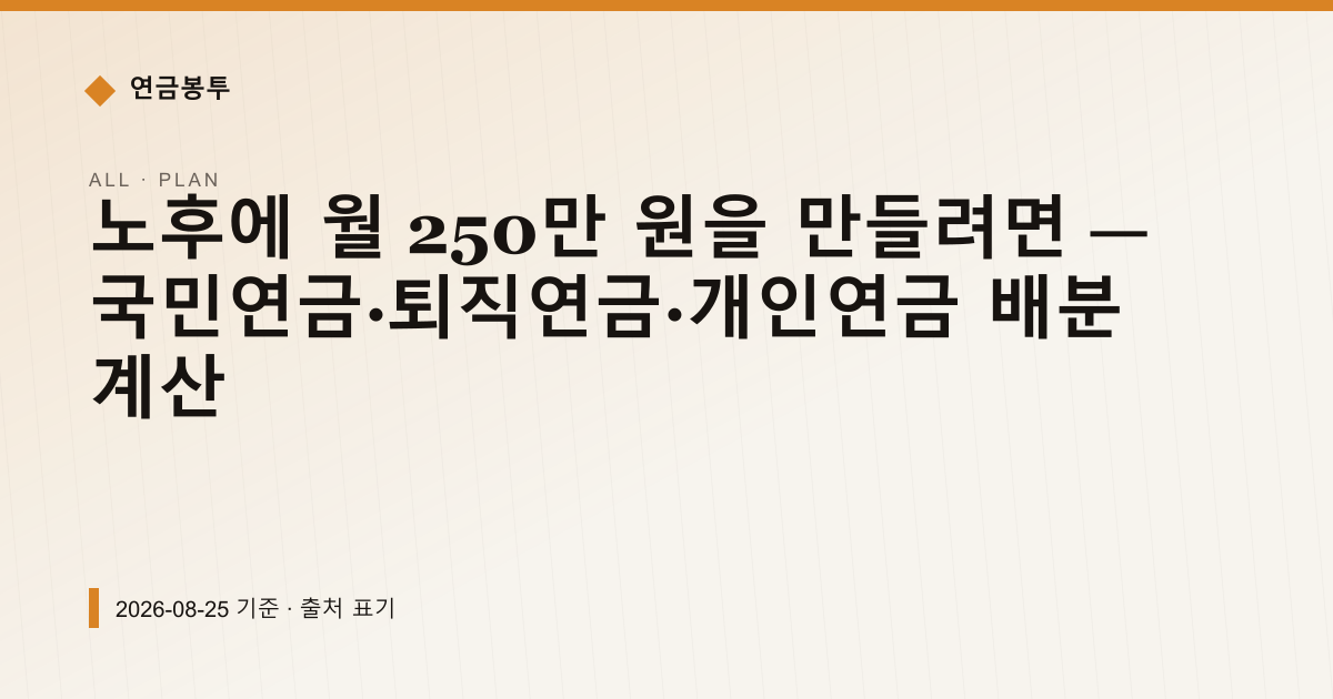 노후에 월 250만 원을 만들려면 — 국민연금·퇴직연금·개인연금 배분 계산 — 노후 자금 설계 안내 이미지