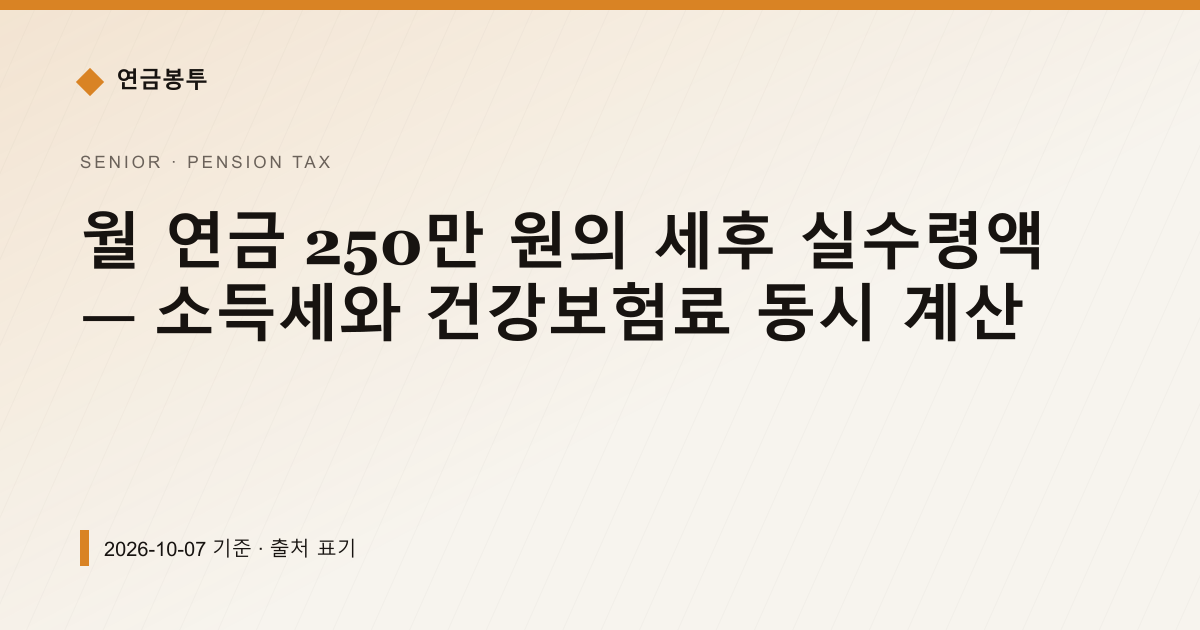 월 연금 250만 원의 세후 실수령액 — 소득세와 건강보험료 동시 계산 — 연금소득세 안내 이미지